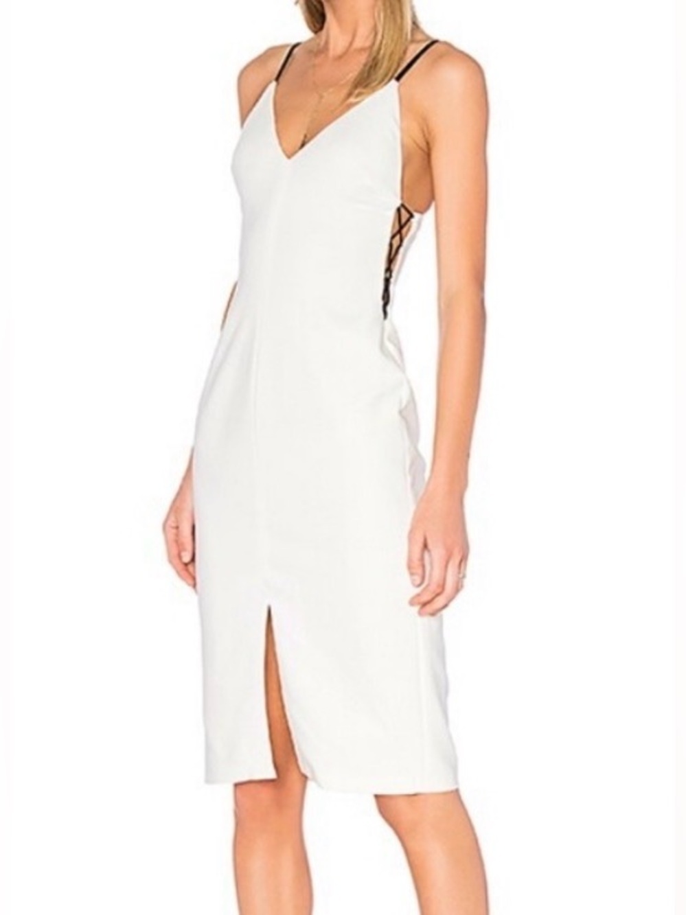 ALICE+OLIVIA SOPHIA WHITE SLEEVELESS BODY CON DRESS BLACK LACING DOWN SIDES SZ 0